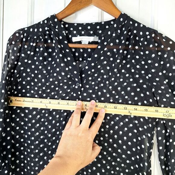 LC Lauren Conrad Sheer Black & White Button-Up Polkadot Puff Sleeve Blouse Sz XS - Picture 8 of 9